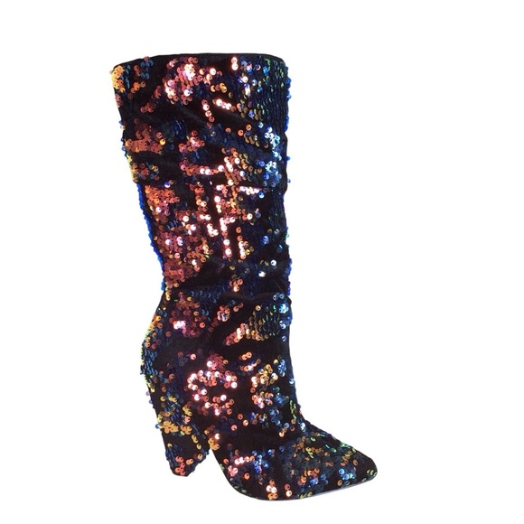Bamboo Immerse Womens Sequin Velvet Boots Size 7.5 Multicolor Slouchy Block Heel - Picture 2 of 12